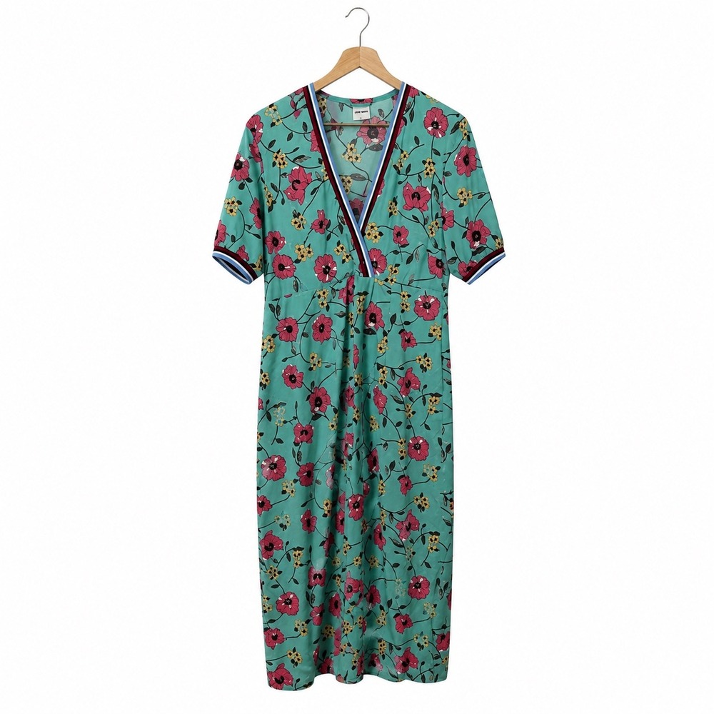 Jane Wood Turquoise Floral Faux Wrap Midi Dress Boho Whimsy Modest Sz L Garden